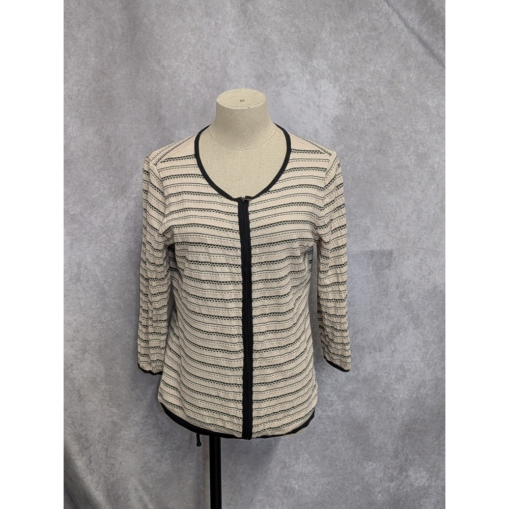 Ann Taylor Factory Womens Medium Cream Black Striped Zip Front Cardigan Sweater